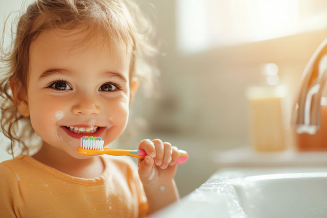 Smiling toddler brushing teeth with foam on cheeks in a bright b