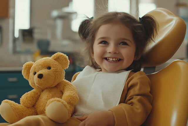 A child’s first visit to the dentist, holding a toy and sitting in a friendly, welcoming dental office. The atmosphere promotes comfort, trust, and a positive dental experience for a smiling kid