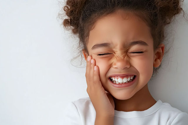 A young child clutching their cheek, wincing in pain, possibly from a toothache or dental issue.