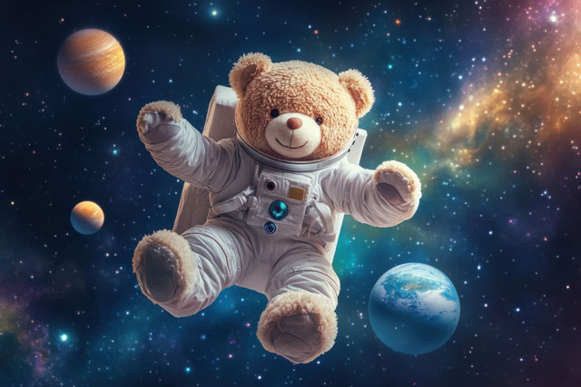 Teddy bear wearing a space suit floating in outer space with pla Teddy bear wearing a space suit floating in outer space with planets and stars. Generated AI
