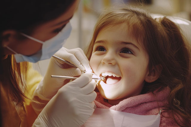 a young child smiling while getting a dental check-up.