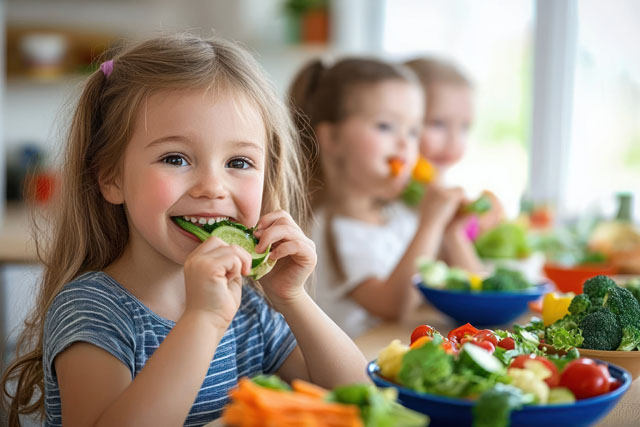 children eating healthy vegetables in a bright kitchen at home o